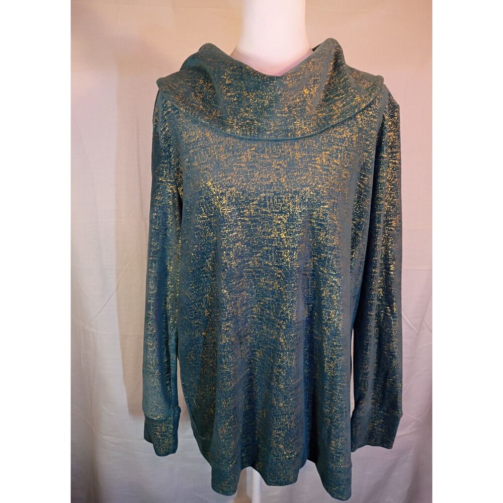 Denim & Co Teal Green Gold Foil Shimmer Cowl Neck Long Sleeve Top Size Large